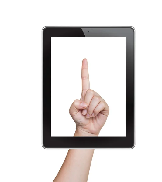 Ruka tlačí tabletu na prázdné rozhraní dotykové obrazovky — Stock fotografie