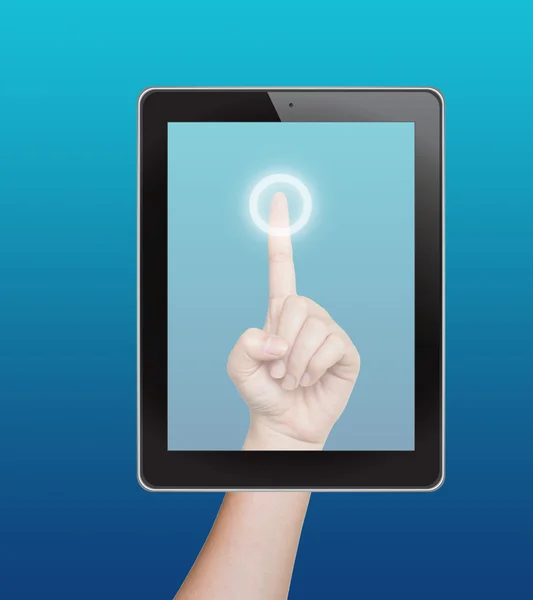 Hand duwen tablet op een lege interface van het aanrakingsscherm — Stockfoto