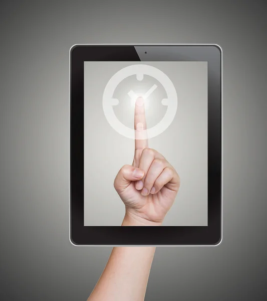 Hand duwen klok knop van de Tablet PC op een touchscreen — Stockfoto