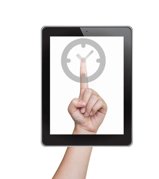 Poussez à la main le bouton d'horloge de la tablette sur un écran tactile — Photo