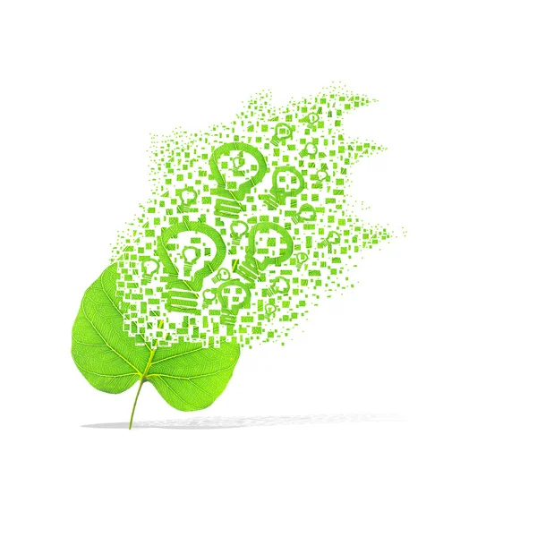 Ampul Işık beyaz zemin üzerine yeşil yaprak — Stok fotoğraf