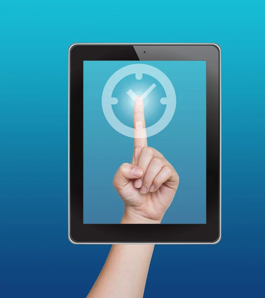 Hand pushing clock button of tablet on a touch screen — Stock Photo, Image