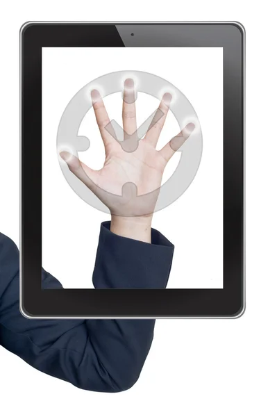 Mão empurrando relógio ícone tablet em uma tela de toque interface em branco — Fotografia de Stock