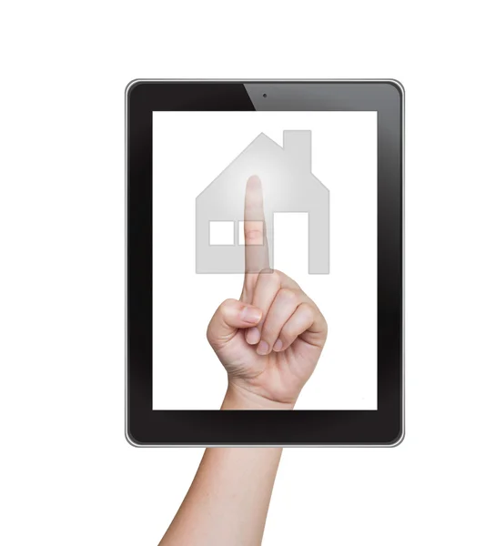 Botão de mão empurrando para casa do tablet em uma tela sensível ao toque — Fotografia de Stock