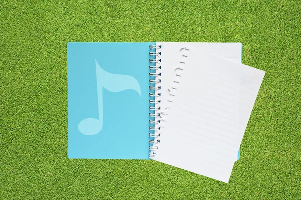 Boek met muziek op gras achtergrond — Stockfoto