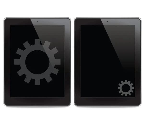 Icono de engranaje en el fondo del ordenador tableta —  Fotos de Stock