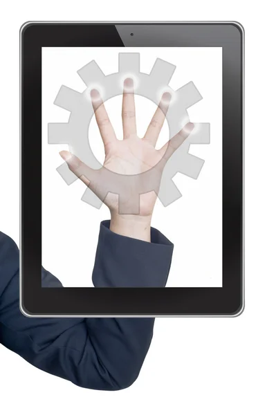 Hand pushing gear icon tablet on a touch screen blank interface — Stock Photo, Image