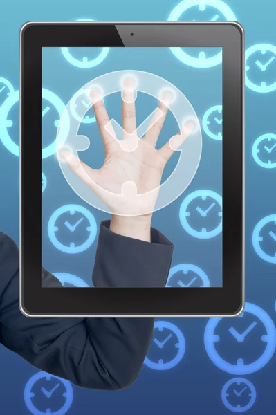 Zeiger drücken Uhr Symbol Tablet auf einem Touchscreen leere Schnittstelle — Stockfoto