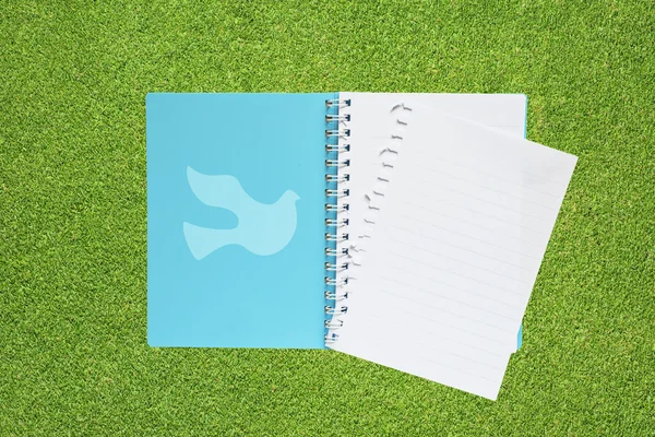 Boek met vrede pictogram op gras achtergrond — Stockfoto
