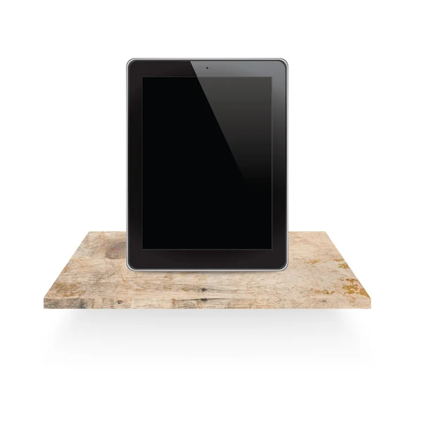 Tablet on empty shelf of wood for exhibition — Stock Photo, Image