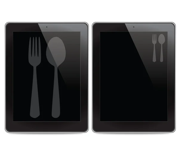 Tenedor y cuchara icono en el fondo del ordenador tableta —  Fotos de Stock