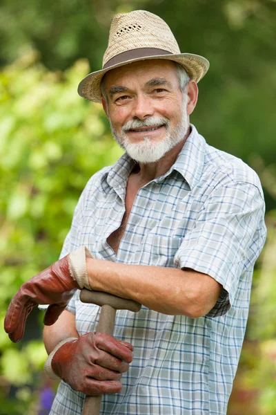 Jardinero senior con una pala — Foto de Stock