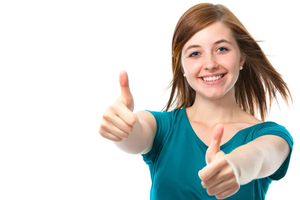 Ženský teenager ukazuje palec — Stock fotografie