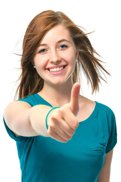 Adolescente feminina mostra um polegar para cima — Fotografia de Stock