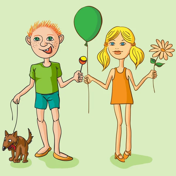 Um rapaz com um cão, uma rapariga com uma flor. Ilustração vetorial . —  Vetores de Stock