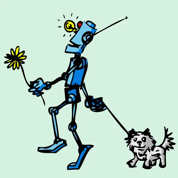 Ρομπότ βόλτες τον σκύλο του. εικονογράφηση. — Διανυσματικό Αρχείο