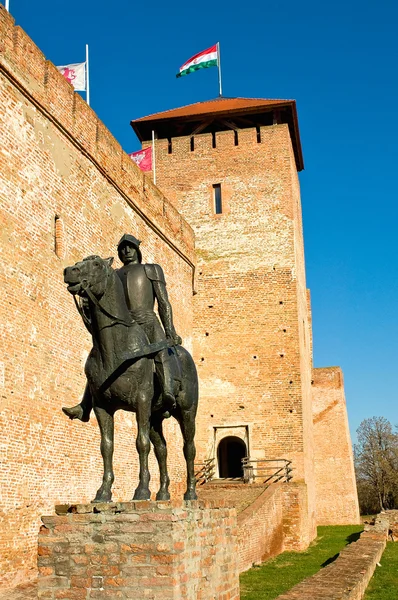 Die Burg in Gyula mit der Statue eines Ritters — Stockfoto