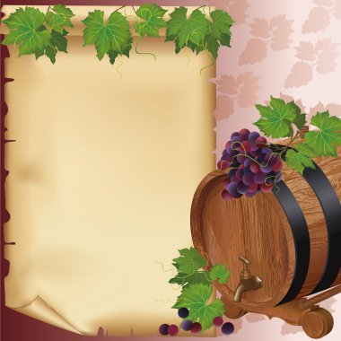 Wine background with grape, barrel and paper clipart