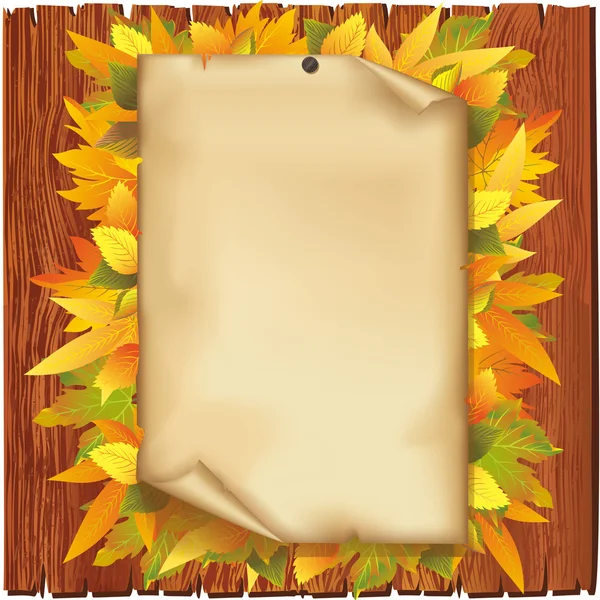 Autumn background with old paper and yellow leaves — Stock Vector