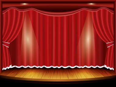 Theater stage with red curtain and spotlight, vector