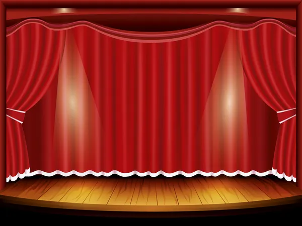 Scène de théâtre avec rideau rouge et projecteur, vecteur — Image vectorielle