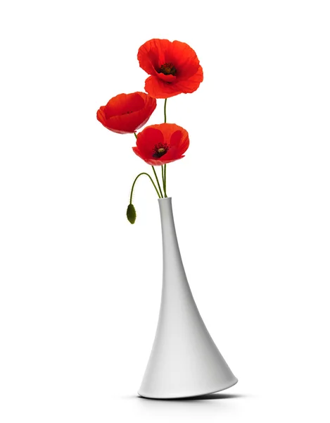 Vaso com papoilas vermelhas sobre branco — Fotografia de Stock