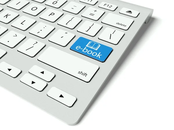 Toetsenbord en blauw e-boek knop, internet concept — Stockfoto