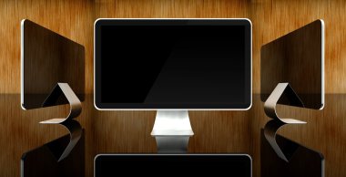 Desktop computer screens on wooden background, text space clipart