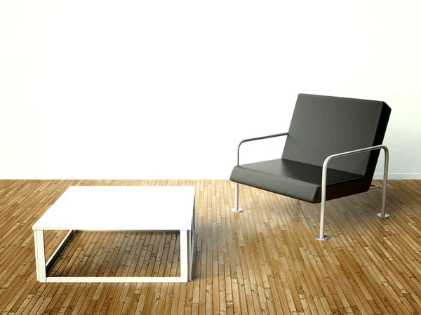 Sandalye ve masa üstünde beyaz duvar ile modern bir iç — Stok fotoğraf