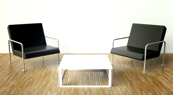 Nowoczesne wnętrza z krzesła i stół na białej ścianie — Zdjęcie stockowe