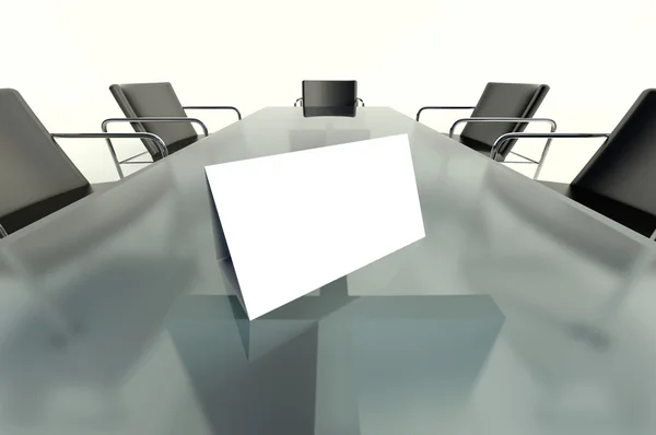 Mesa de conferência e cartão vazio no fundo branco — Fotografia de Stock