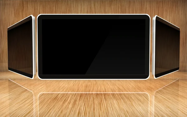 Desktop-Computerbildschirme auf Holzhintergrund, Textfläche — Stockfoto