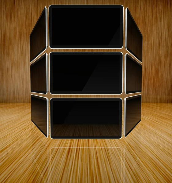 木製の背景、テキスト領域にデスクトップ コンピューターの画面 — ストック写真