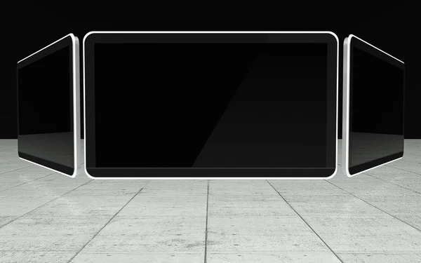 Telas de computador desktop em fundo preto, espaço de texto — Fotografia de Stock