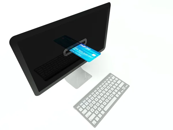 Stolní počítač zástěna s kreditní kartou, symbolu e komerce — Stock fotografie