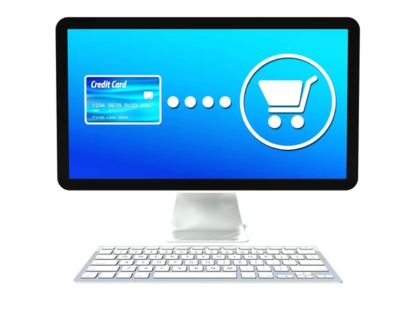 桌面计算机屏幕用的信用卡，电子商务的符号 — 图库照片