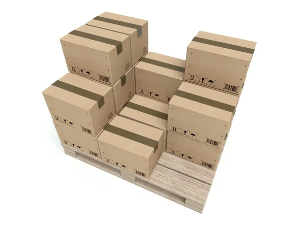 Caixas de papelão em paletes de madeira isoladas em branco — Fotografia de Stock