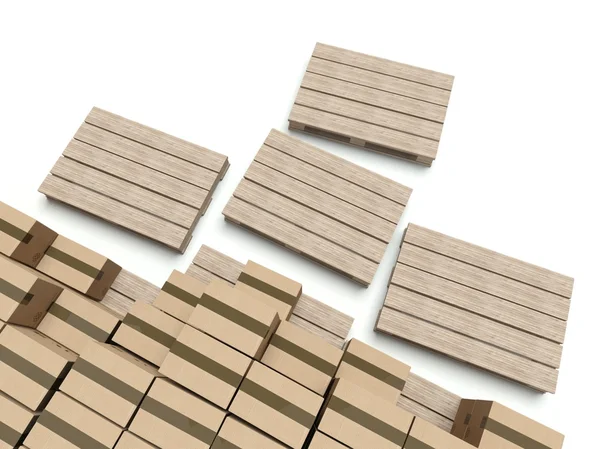 Cajas de cartón sobre palets de madera, almacén — Foto de Stock