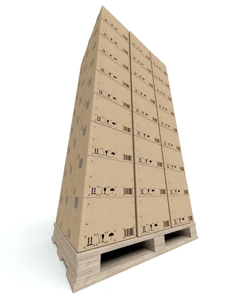 Vysoká stack lepenkových krabic, izolované na bílém — Stock fotografie