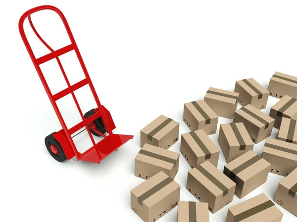 Warehouse empty hand truck and many cardboard boxes — Stock Photo, Image