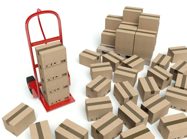 Magazijn hand vrachtwagen en vele kartonnen dozen — Stockfoto