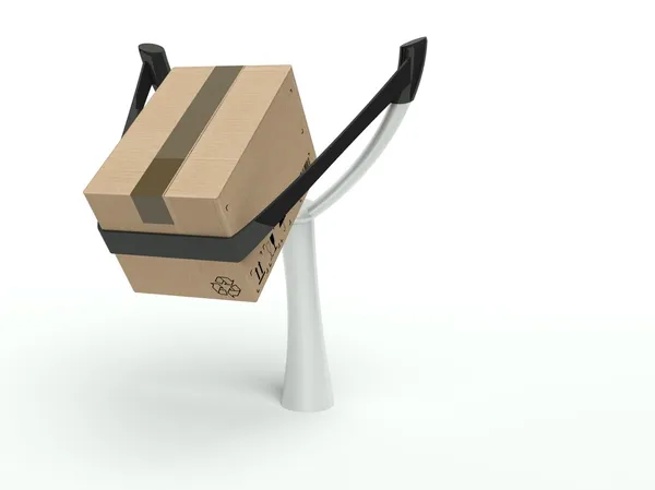 Metafora per la consegna espressa, scatola di cartone su una fionda — Foto Stock