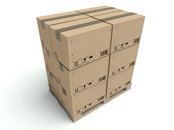 Boîtes en carton sur palette en bois isolées sur blanc — Photo