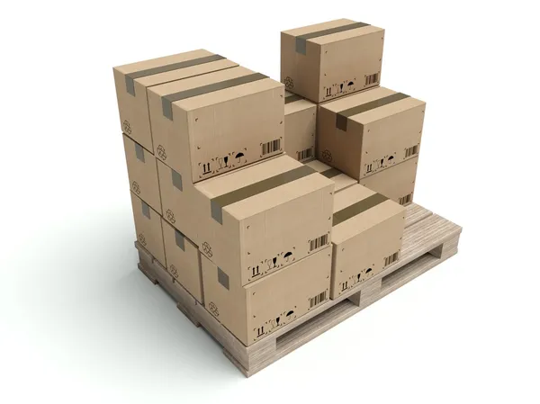 Kartonnen dozen op houten pallet geïsoleerd op wit — Stockfoto