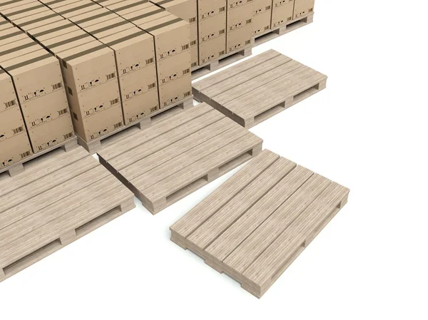 Boîtes en carton sur palettes en bois, entrepôt — Photo