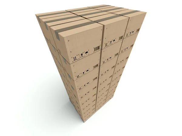 Alta pilha de caixas de papelão isoladas em branco — Fotografia de Stock