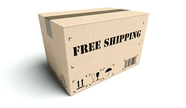 Ücretsiz kargo karton kutu üzerinde beyaz izole — Stok fotoğraf
