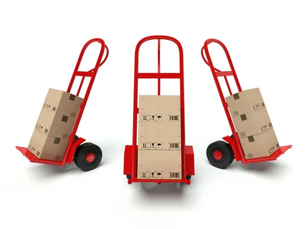 Tres camiones de mano de almacén con cajas de cartón aisladas en blanco — Foto de Stock