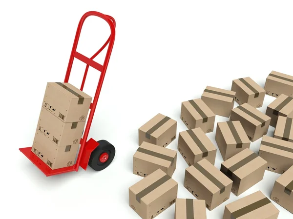 Warehouse hand truck and many cardboard boxes — Stock Photo, Image