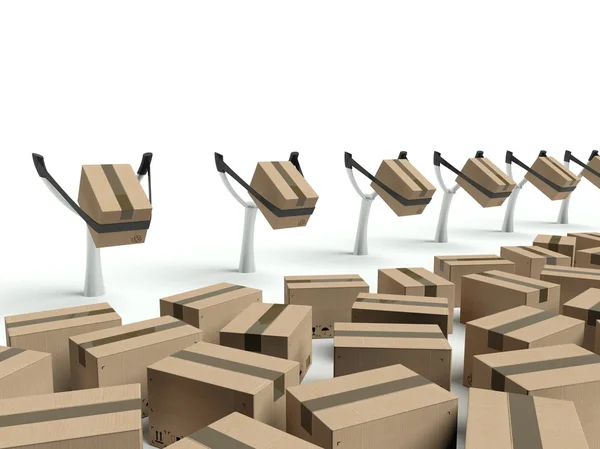 Metáfora de entrega expressa, caixas de papelão em um estilingue — Fotografia de Stock